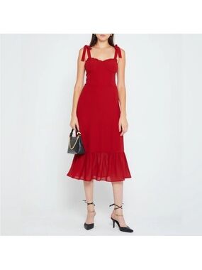 Women’s Red Midi Dress with Tie Straps and Ruffle Hem